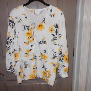 Liz Claiborne XL Elbow Length, Peplum, Navy/yellow Button Front Top